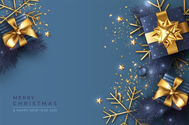 Blue christmas background with realistic presents and ornaments