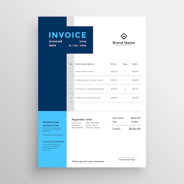 Free vector blue clean business invoice template