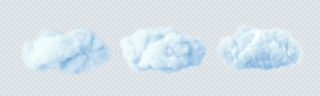 투명 한 배경에 고립 된 푸른 구름입니다. 3D 현실적인 구름 세트입니다. 실제 투명 효과. 벡터 일러스트 레이 션
