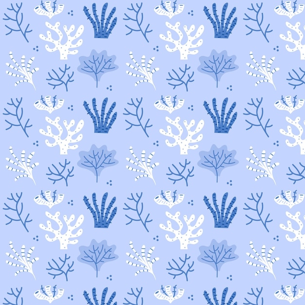 Blue coral pattern template with seaweed