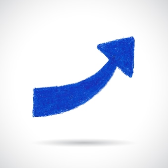 파란색 곡선 화살표입니다. 오일 파스텔 크레용으로 그린 손. 흰색 배경에 고립 된 추상 디자인 요소입니다.