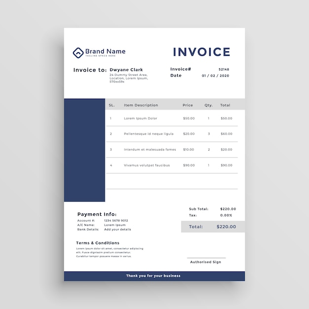 Free vector blue customer invoice template design