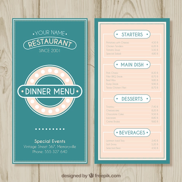 Free vector blue dinner menu design