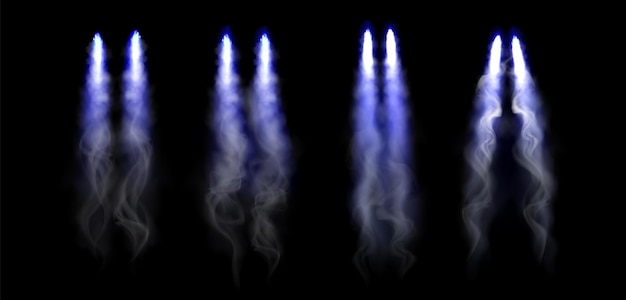 Vettore gratuito getto di fuoco blu lancio scia di fumo effetto vettoriale 3d razzo velocità nuvola trama con fiamma isolata fuochi d'artificio di decollo realistico astronave con set di linee di vapore aereo aumenta la condensa in sky pack