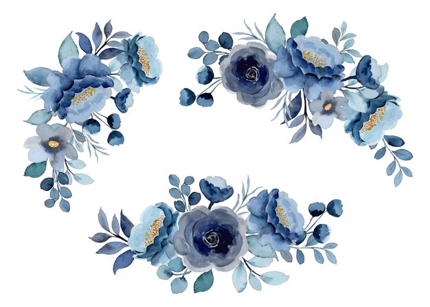 Blue floral bouquet collection with watercolor