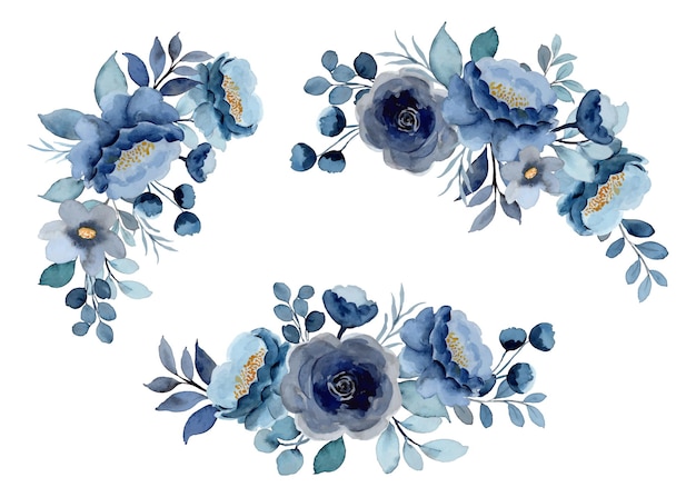 Blue floral bouquet collection with watercolor