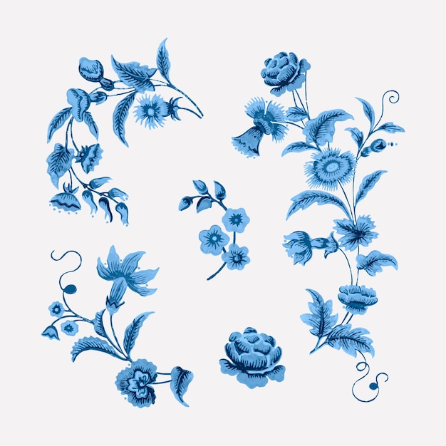 Blue floral branches vintage botanical illustration