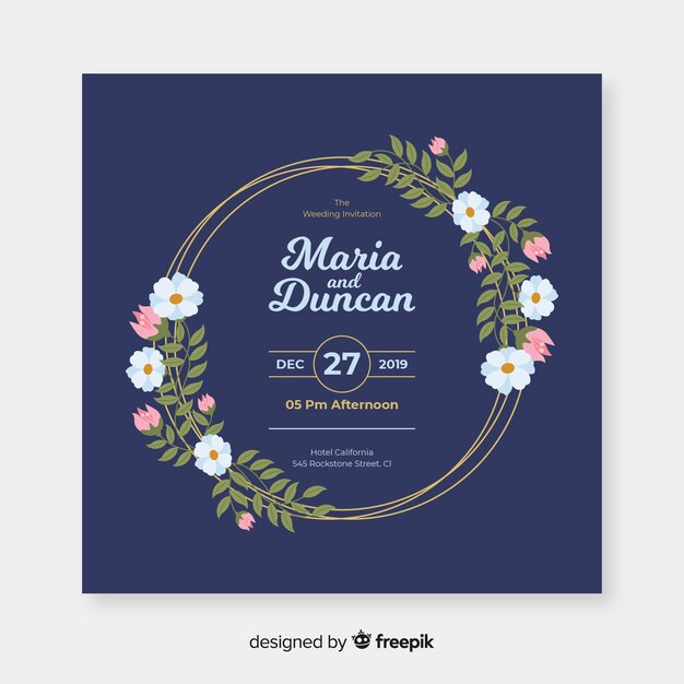 Синяя цветочная рамка свадебное приглашение с плоским дизайном