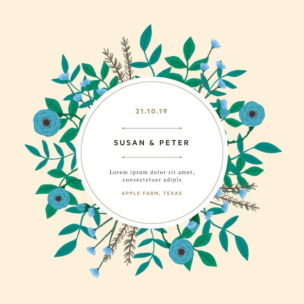 Blue flowers with leaves wedding card