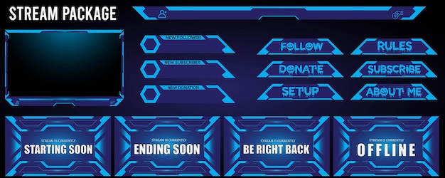 Blue gaming twitch border and menu panel overlay design set