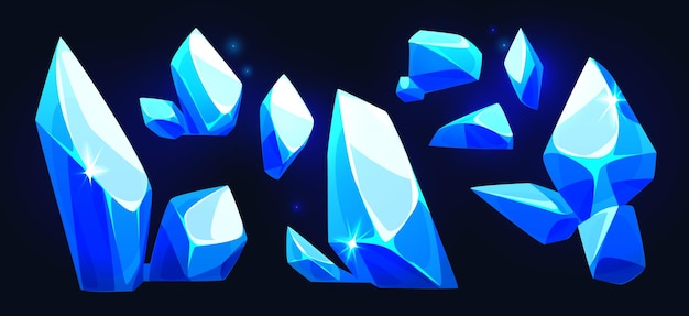Free vector blue gemstone crystals isolated on black background vector cartoon illustration of sparkling diamonds or ice pieces shimmering minerals fantasy treasure cave or jewelry mine design elements