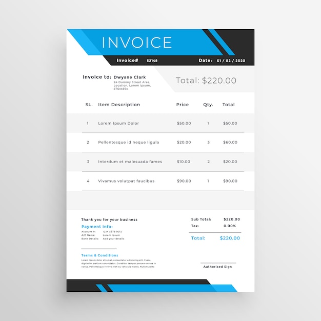 Blue geometric customer invoice template design
