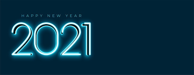 Синий светящийся новогодний неоновый баннер 2021 года
