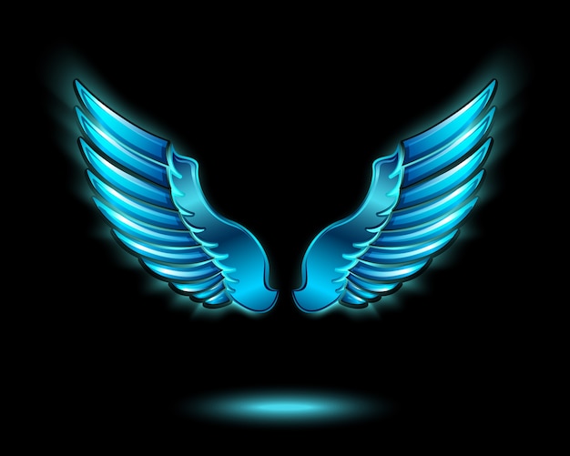免费矢量蓝色发光的天使翅膀用金属光泽和阴影矢量插图象征
