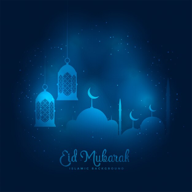 Голубой светящийся Ид Мубарак мечеть и фонарь фон