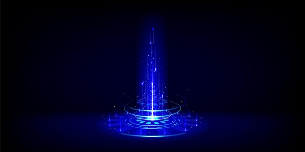 Free vector blue glowing neon game portal realistic vector illustration of futuristic teleport podium for game ui concept magic or cyberpunk hologram port with flare and light circle effect for travel in space