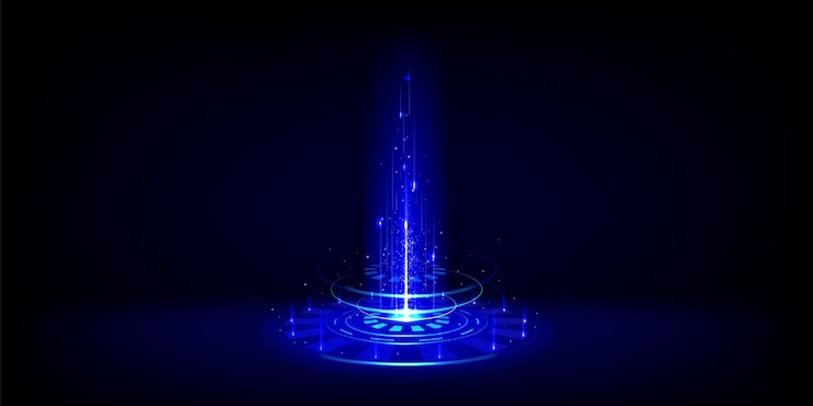 Free Vector blue glowing neon game portal realistic vector illustration of futuristic teleport podium for game ui concept magic or cyberpunk hologram port with flare and light circle effect for travel in space