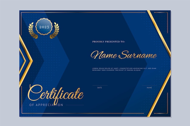 Modello di certificato blu e dorato