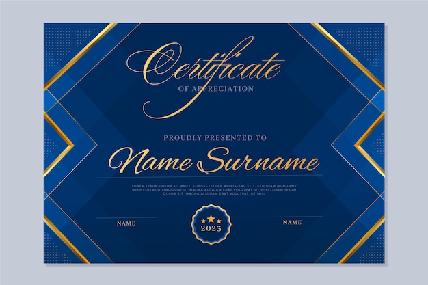 Vettore gratuito modello di certificato blu e dorato