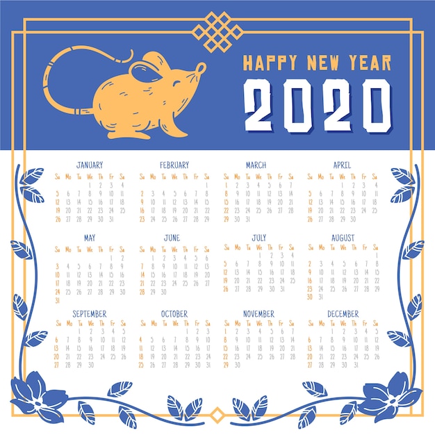 Calendario cinese disegnato a mano blu del nuovo anno