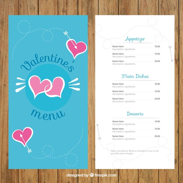 Blue hand drawn menu for valentine day