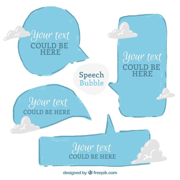 Blue hand drawn speech bubbles with clouds