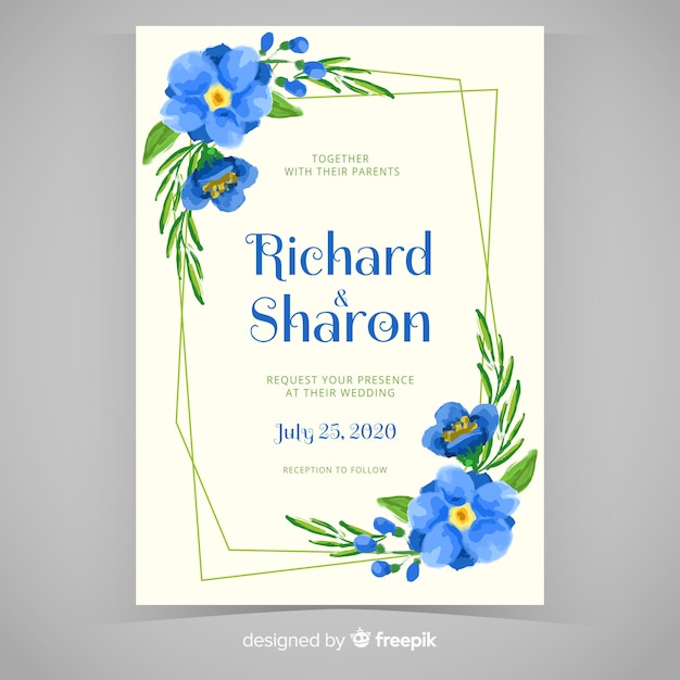 Blue hand painted floral frame wedding invitation
