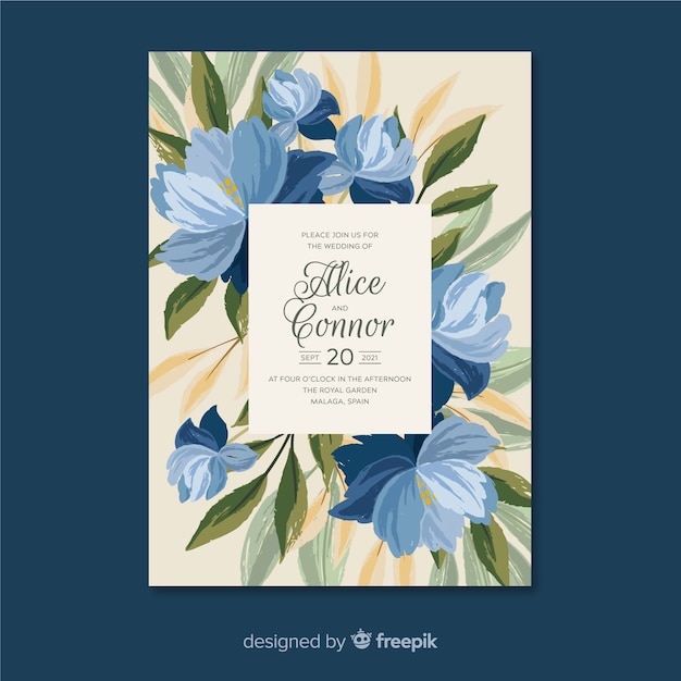 Free vector blue hand painted floral wedding invitation template