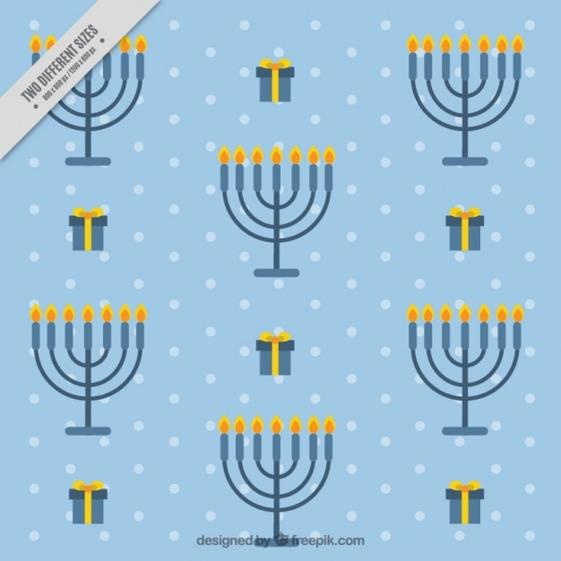Free vector blue hanukkah background with candelabras and gifts