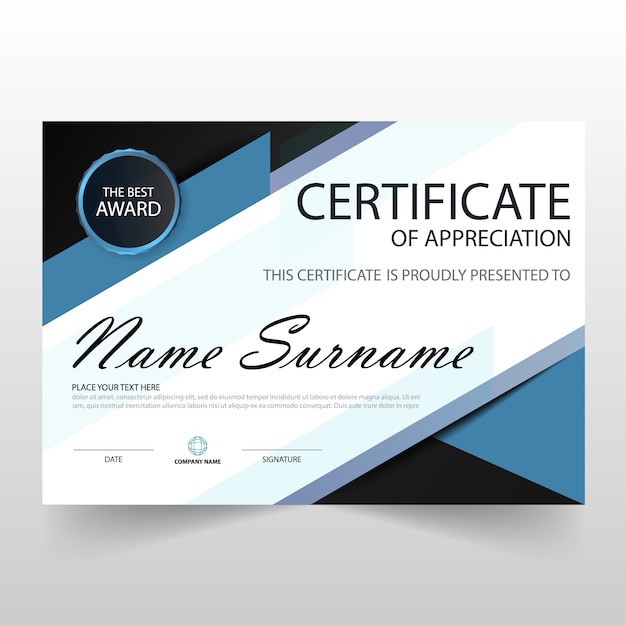 Free vector blue horizontal certificate of appreciation