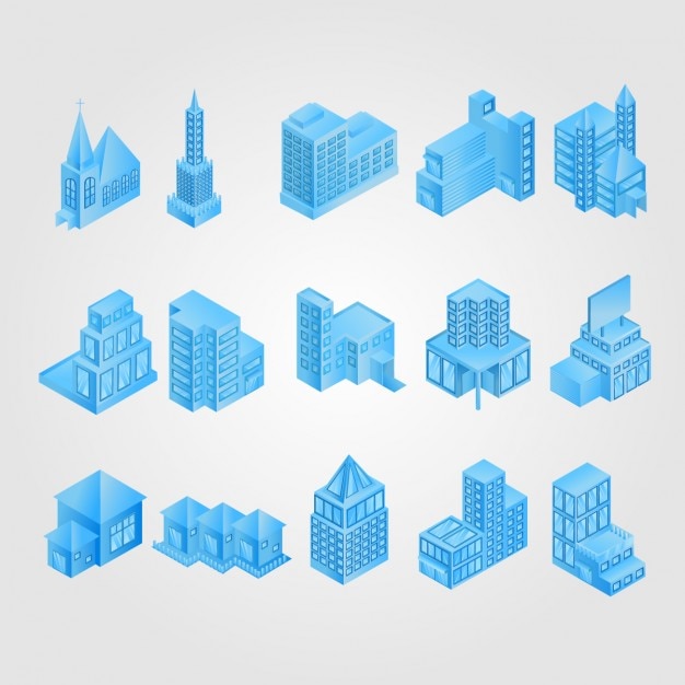 Free vector blue isometric building collection