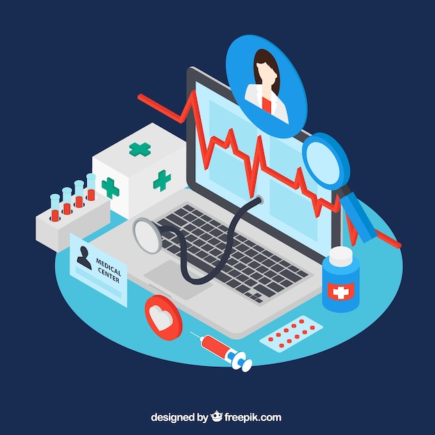 Free vector blue isometric doctor concept with laptop