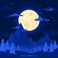 Free vector blue landscape background with moon in flat design