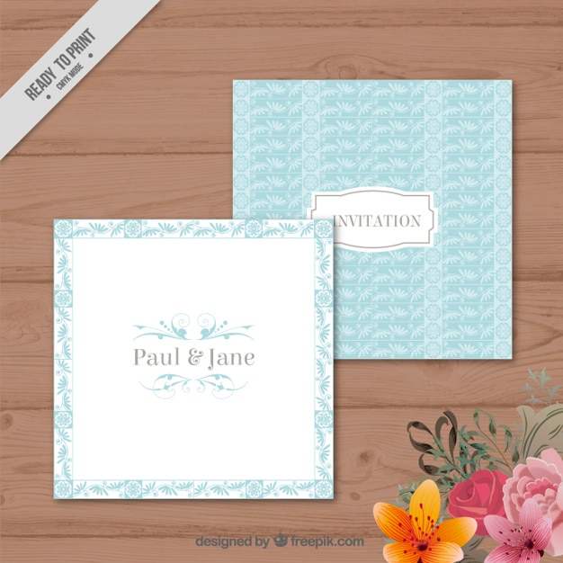 Blue leaves squared wedding card