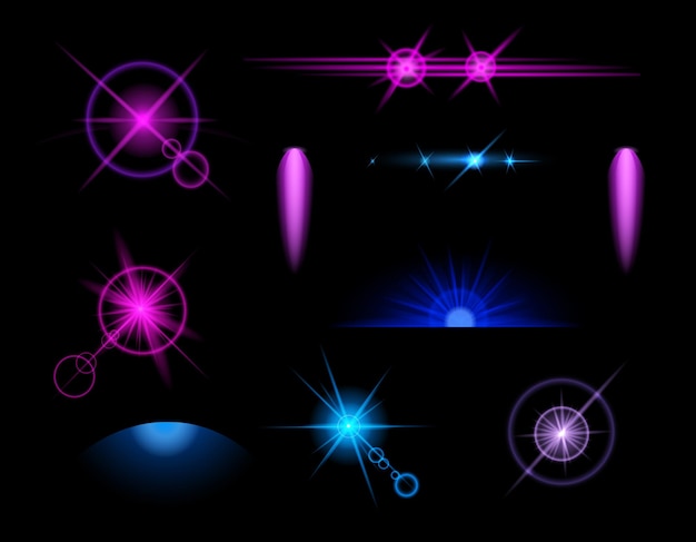 Набор иконок синих световых эффектов с абстрактными и изолированными цветными элементами на черном