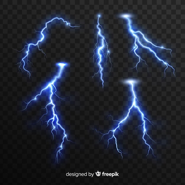 Blue lightning collection on transparent background