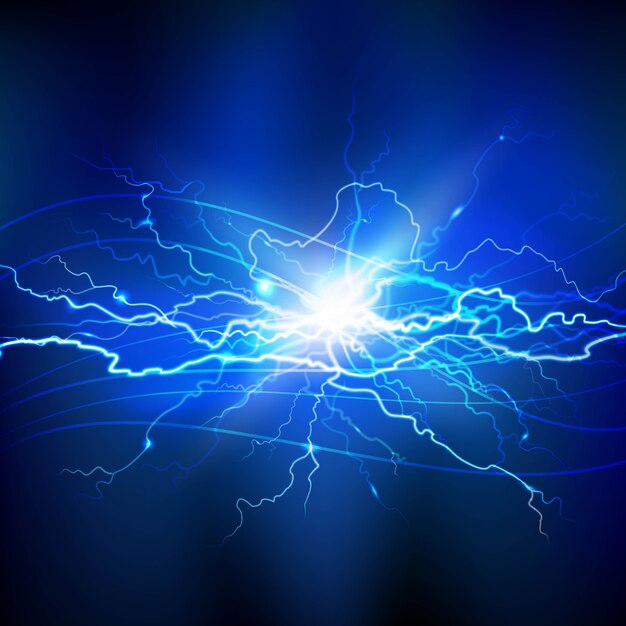 Blue lightning realistic background with a bright bunch of light 