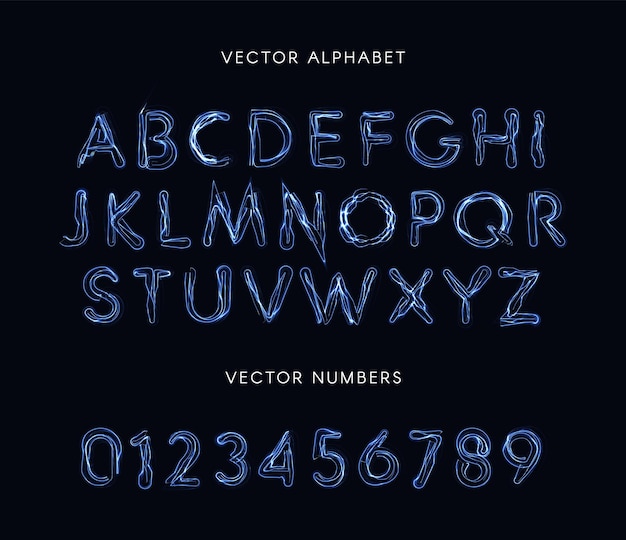 Blue lightning style letters and numbers set. unusual plasma font, electricity lines alphabet, magic abc. vector typeset.