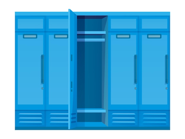 흰색으로 격리된 공공 스포츠 체육관 또는 사무실 보안 옷장 또는 옷장 찬장에 옷을 보관할 수 있도록 문에 잠금 장치가 있는 파란색 로커 닫힌 캐비닛