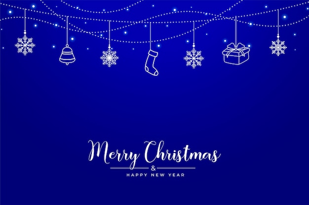 Blue merry christmas background with hand drawn hanging elements
