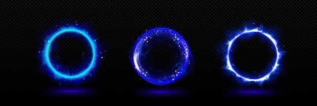 Free vector blue neon 3d magic light glow effect on circle portal abstract vector ring energy flare isolated teleport radial electric frame with sparkle and steam mysterious circular fire luminous with smoke