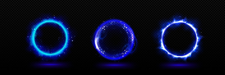 Free Vector blue neon 3d magic light glow effect on circle portal abstract vector ring energy flare isolated teleport radial electric frame with sparkle and steam mysterious circular fire luminous with smoke
