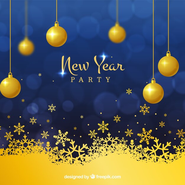 Blue new year background with golden baubles and snowflakes