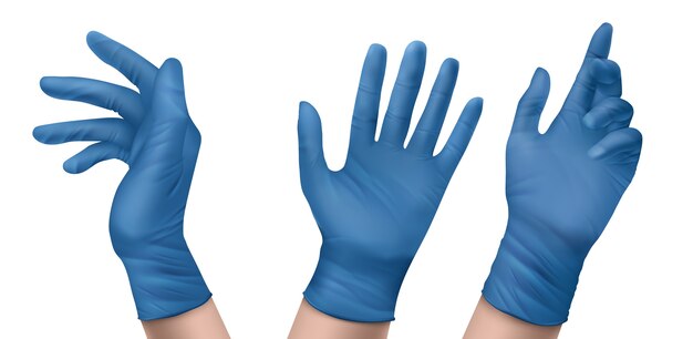 手に青いニトリル医療用手袋。ラテックスまたはゴム製滅菌手袋の現実的なセット