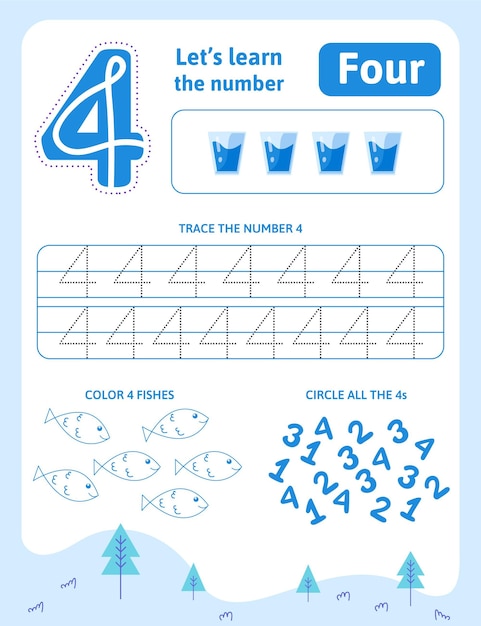 Free vector blue number four worksheet