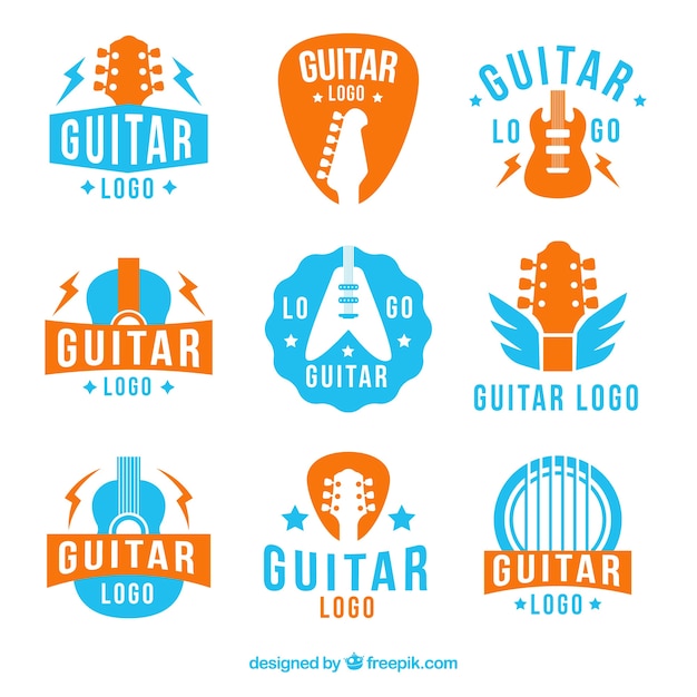 Vettore gratuito collezione di logo della chitarra blu e arancione