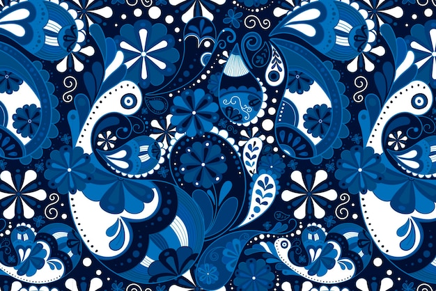 青いペイズリー柄の背景、インドの花のアートベクトル