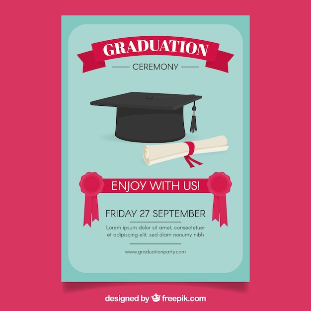 Modello blu poster poster con diploma e tappo di graduazione