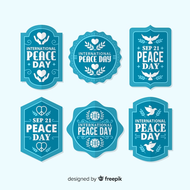 Collezione di badge giorno della pace blu in design piatto