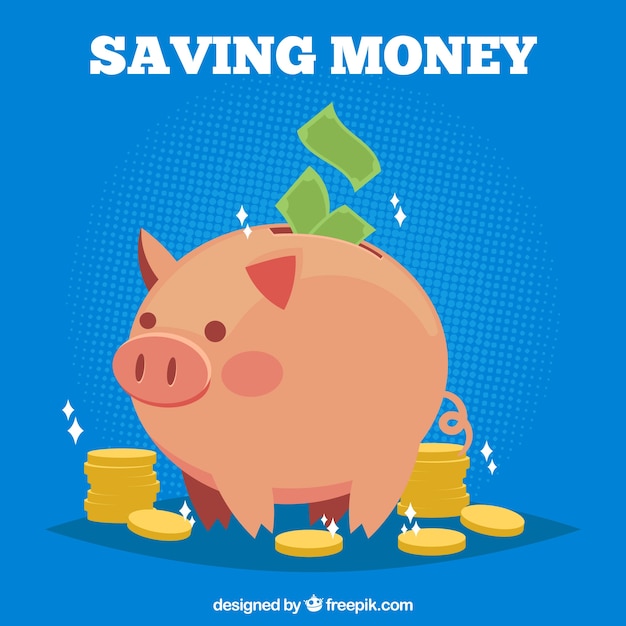 Blue piggy bank background with banknotes and coins